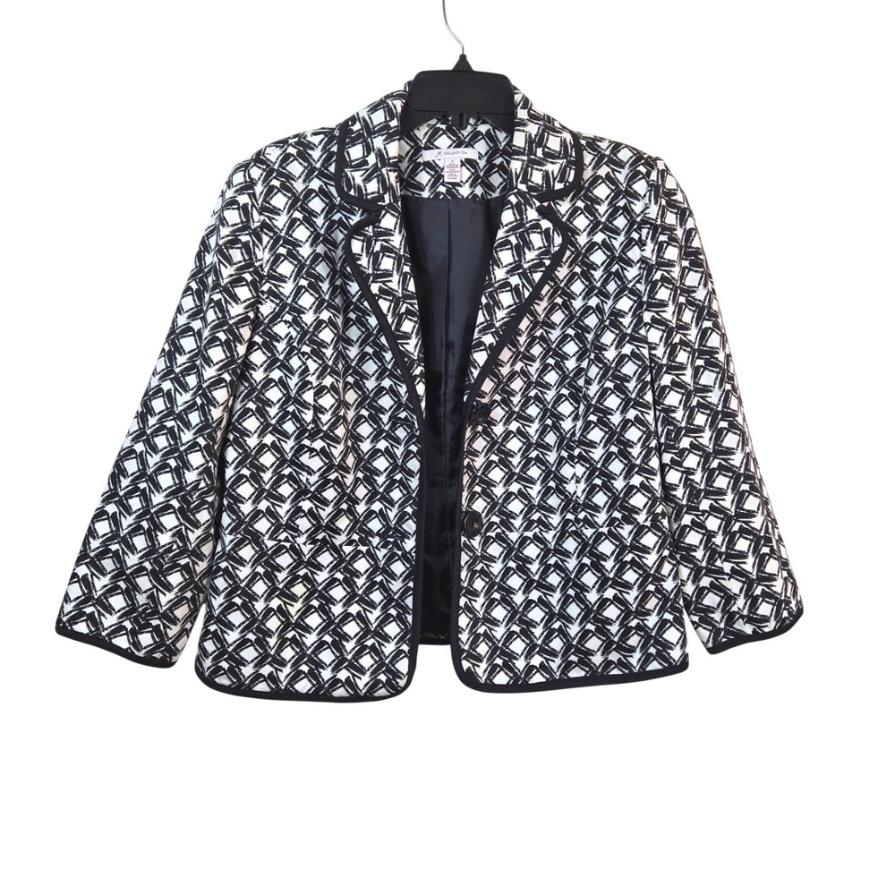JM Collection Womens Black White Geometric Notch Lapel Career Blazer Jacket 8